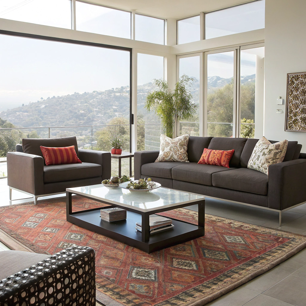 Modern living room with large windows showcasing outdoor views, featuring a dark sofa with decorative pillows, a matching armchair, a coffee table with a decorative centerpiece, and a vibrant area rug, emphasizing seamless indoor-outdoor living design.