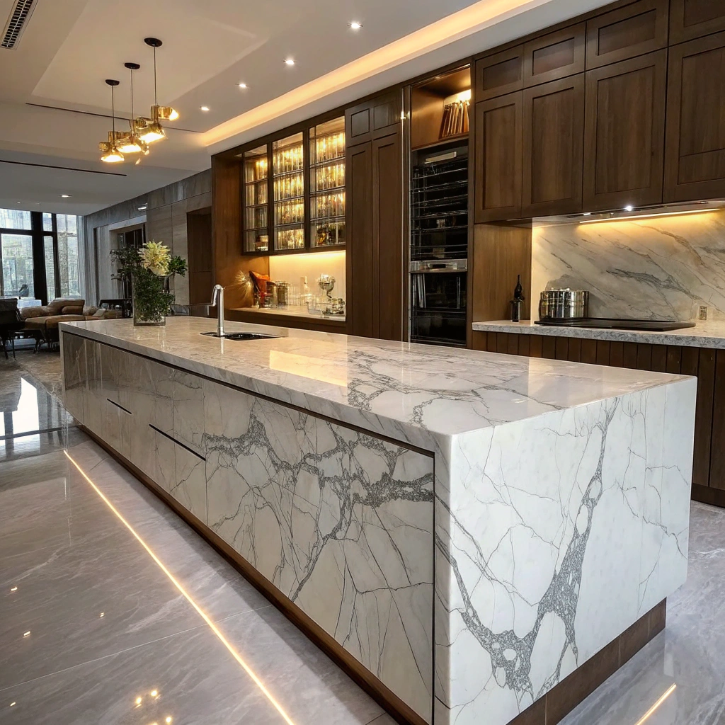 Luxury kitchen interior featuring a large marble island with intricate veining, wooden cabinetry, and modern lighting, emphasizing high-end materials and design for custom homes.