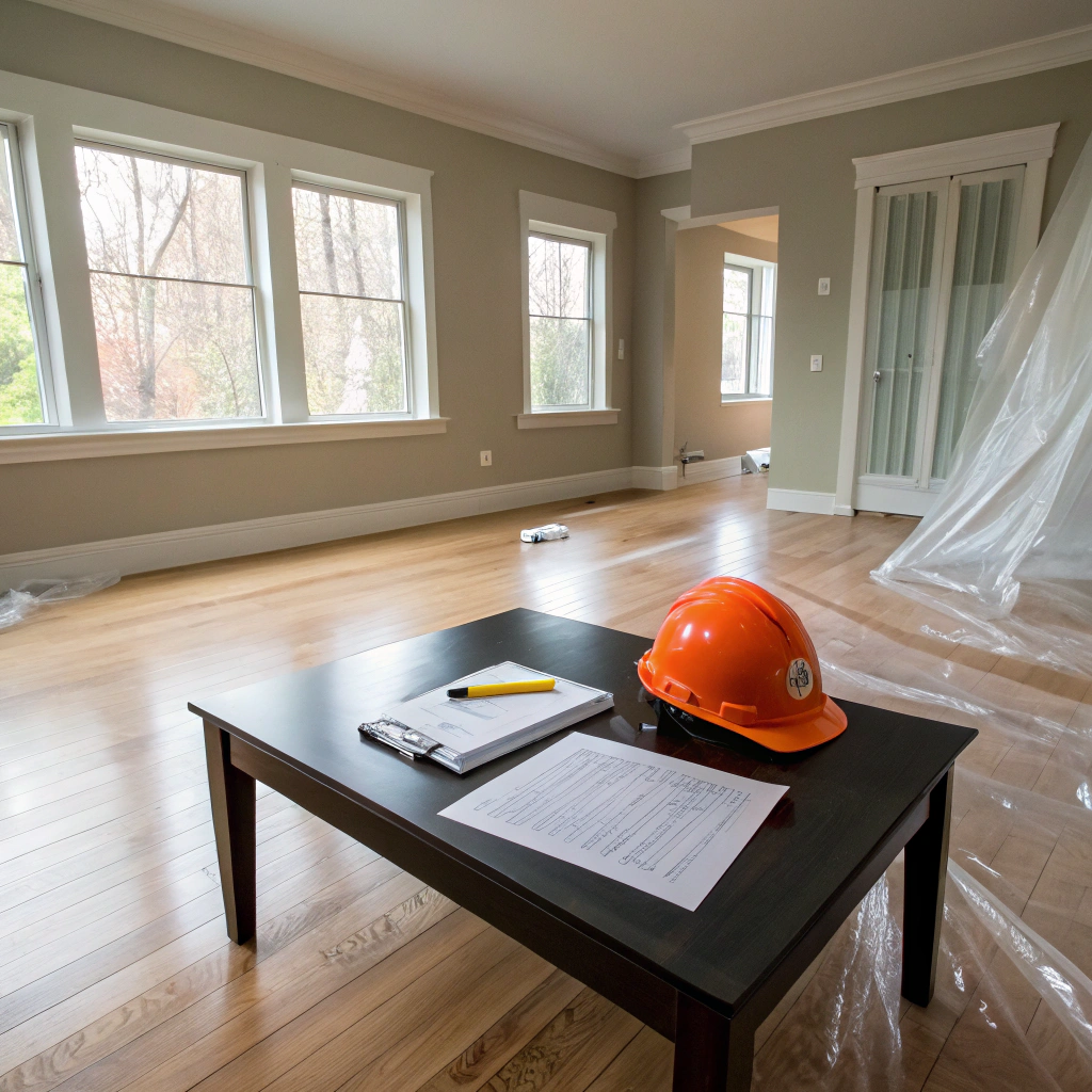 Interior of a home prepared for remodeling, featuring a wooden floor, a table with a clipboard and yellow pen, and an orange hard hat, emphasizing organization and safety for homeowners.