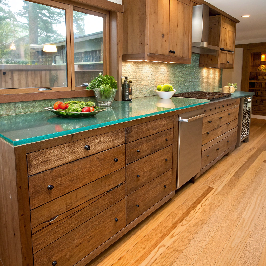 Sustainable luxury kitchen featuring FSC-certified hardwood cabinetry, recycled glass countertops, and fresh produce, emphasizing eco-friendly design elements.
