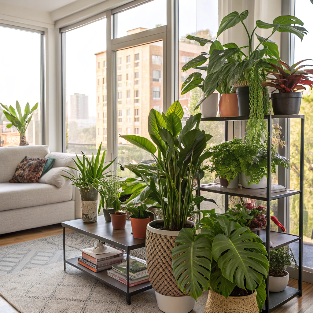 Luxurious living room with large windows, featuring various indoor plants in decorative pots, a cozy beige sofa with patterned cushions, and a stylish coffee table displaying books, embodying contemporary luxury interior design trends.