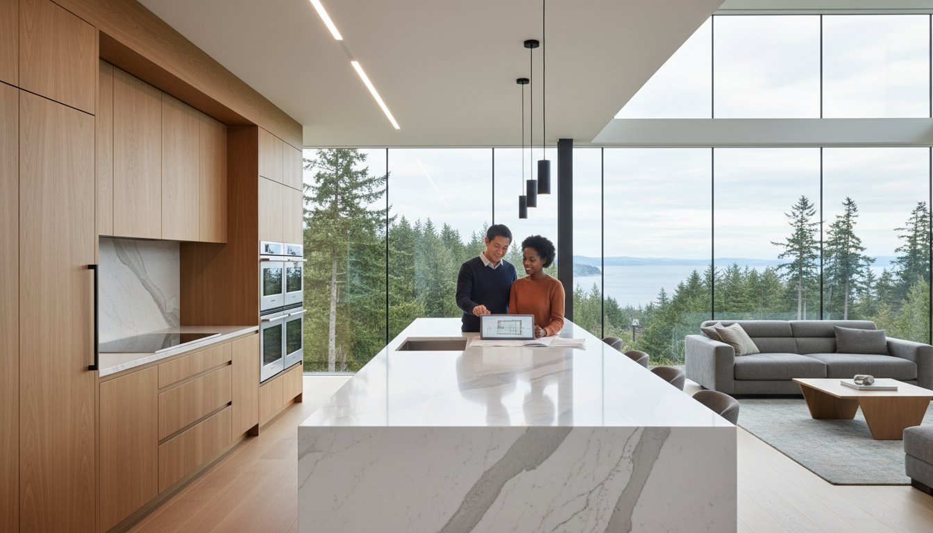 Couple discussing home renovation plans at a modern kitchen island with a scenic view of Bellingham Bay and surrounding trees.
