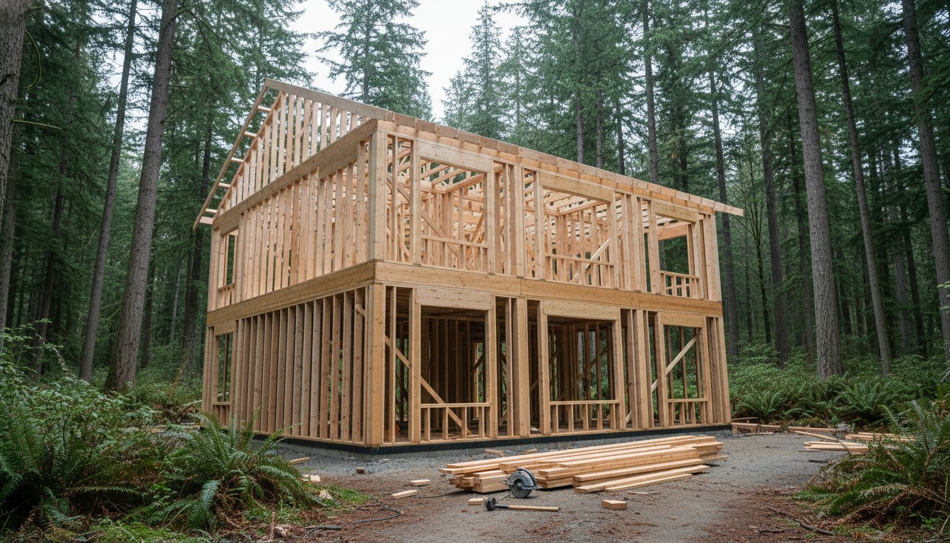 Newly framed house under construction in a forested area of Whatcom County, showcasing wooden structure and surrounding greenery, relevant to home building and remodeling services.