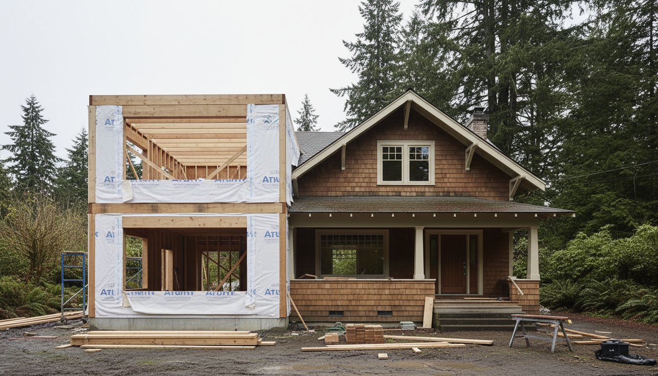 Custom home addition construction in Bellingham, featuring a partially completed second story on a craftsman-style house surrounded by trees and construction materials.