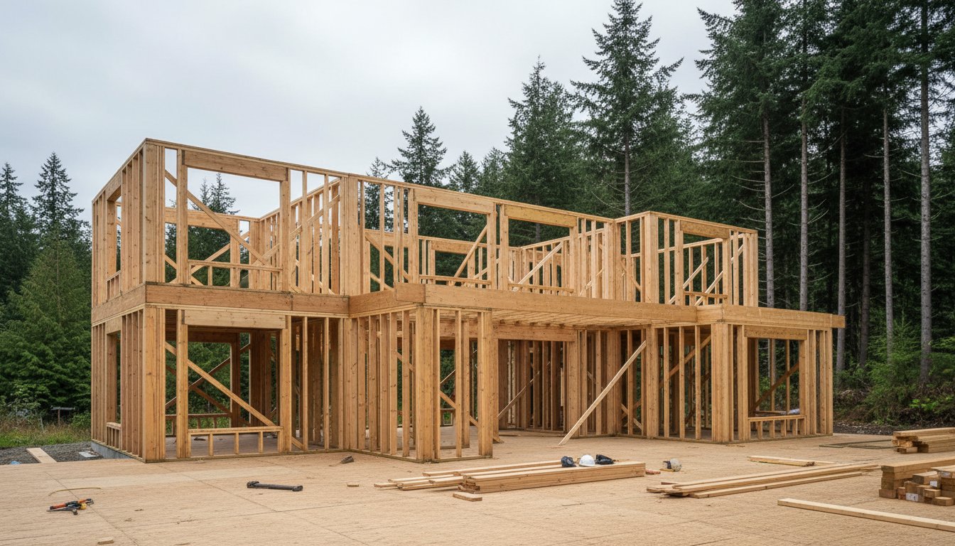 Custom home construction site featuring wooden framing for a modern house, surrounded by trees, emphasizing Diamond Construction's expertise in building and renovations.