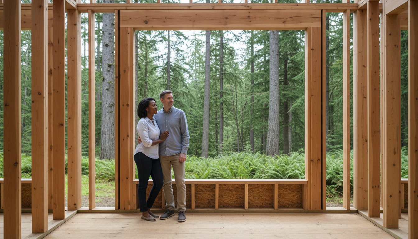 Couple standing together inside a partially constructed home, surrounded by wooden framing and lush greenery in Whatcom County, representing custom home building and remodeling.