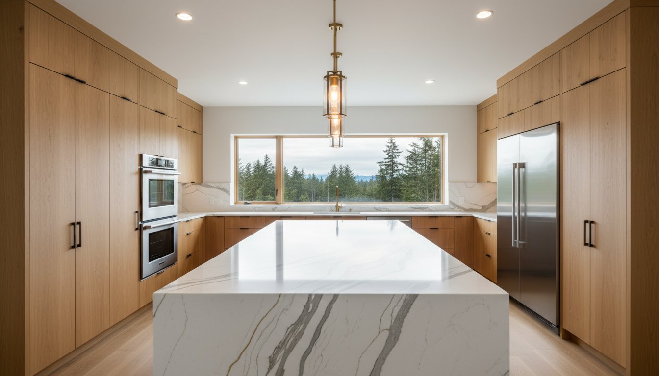High-end kitchen remodel featuring a spacious island with marble countertop, wooden cabinetry, modern appliances, and large window showcasing a forest view, emphasizing custom design and functionality.