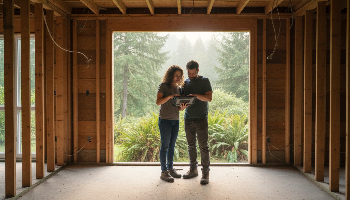 Couple reviewing home renovation plans inside a partially constructed house, with a view of lush greenery outside in Bellingham.
