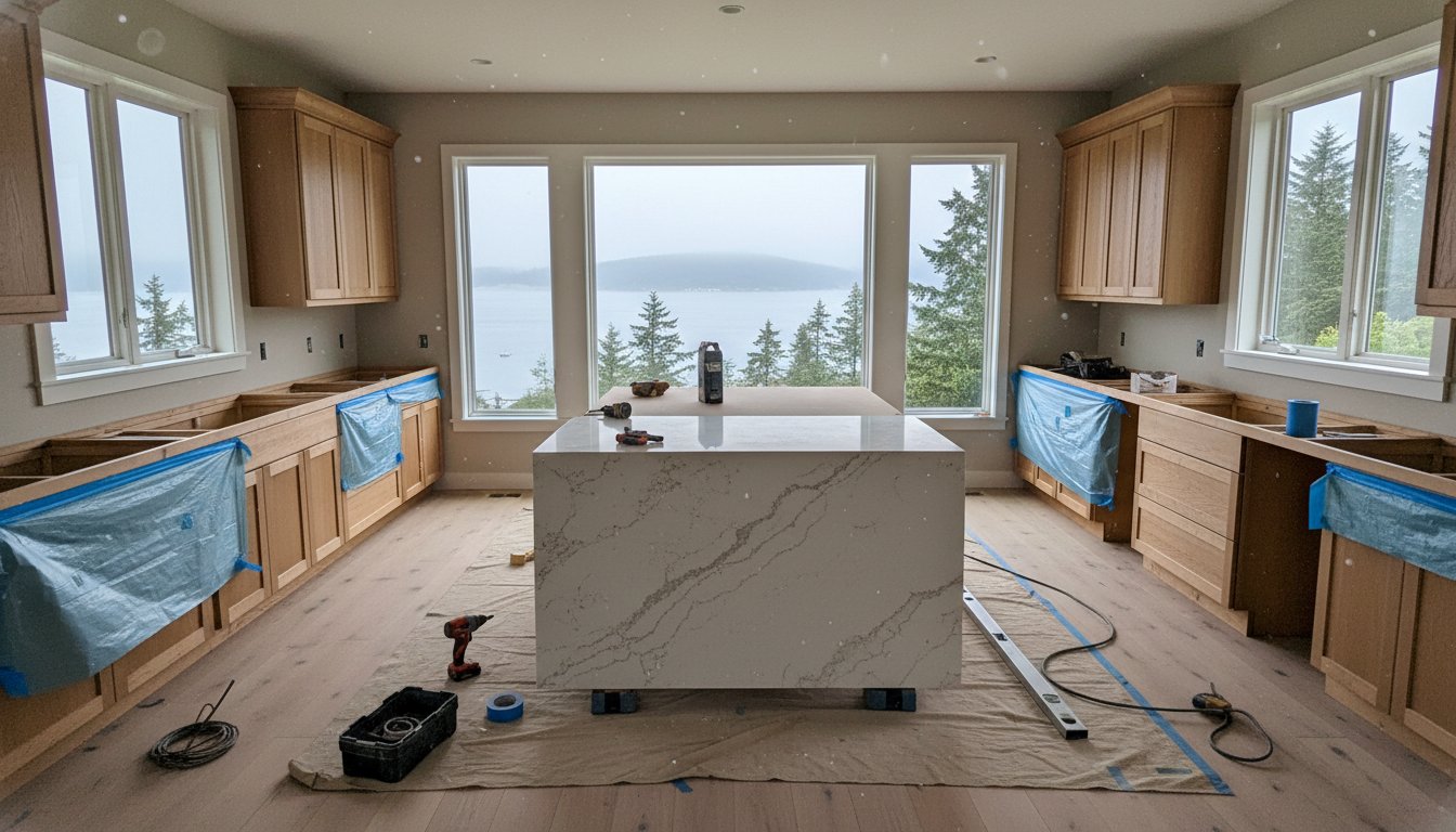 Modern kitchen remodel in Blaine, WA, featuring a central marble island, wooden cabinetry, large windows with a coastal view, and construction tools on the floor.