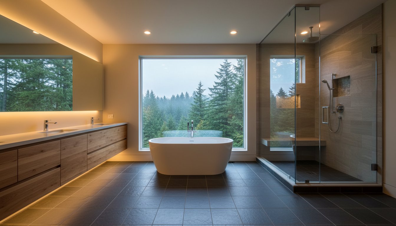 Luxury bathroom featuring a freestanding tub, modern fixtures, and large windows showcasing a forest view, emphasizing serene design and comfort in Bellingham's coastal homes.
