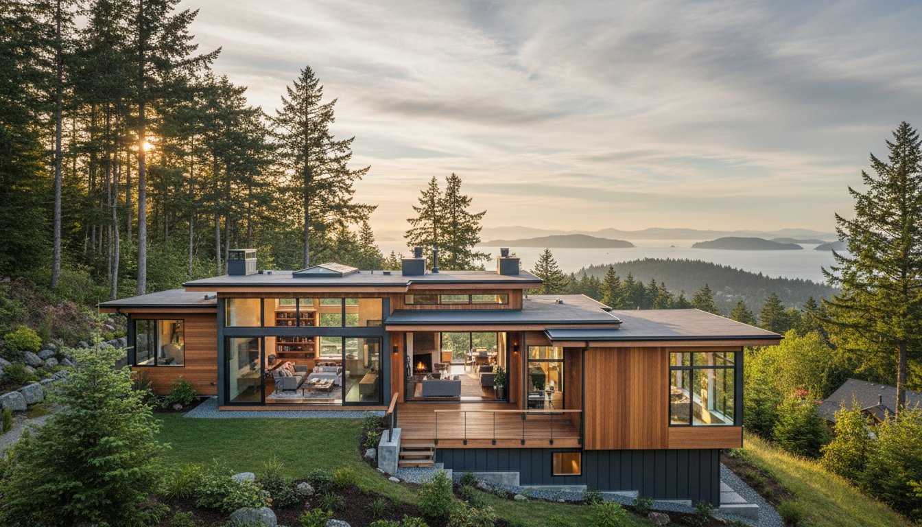 Luxury custom home in Bellingham, WA, featuring modern architecture, expansive windows, and scenic views of nature and water.