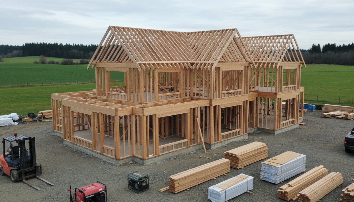 Luxury home construction in progress, featuring a wooden frame structure with exposed beams and roofing, surrounded by construction materials in a rural setting, representing custom estate building in Bellingham area.