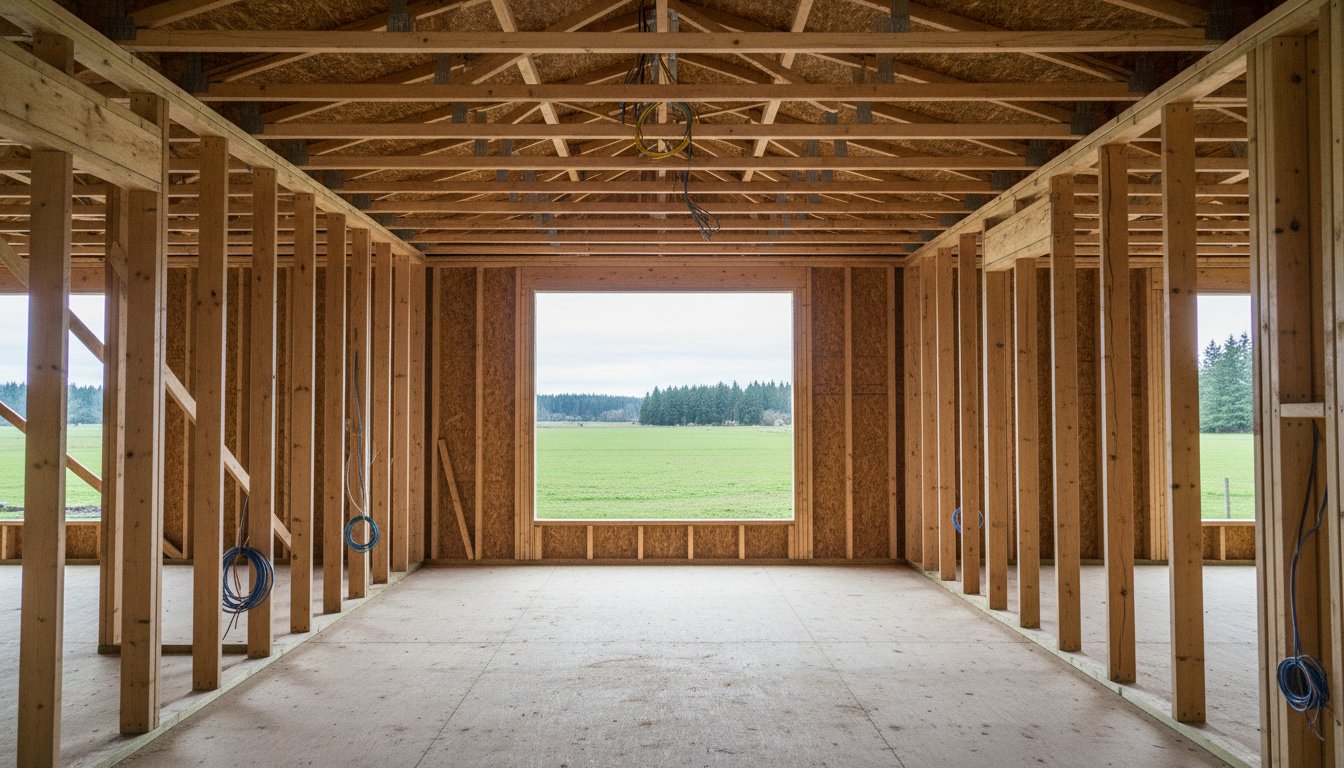 Interior view of a partially constructed master suite addition, featuring wooden framing and a large window overlooking green fields, relevant to custom home additions in Lynden, WA.