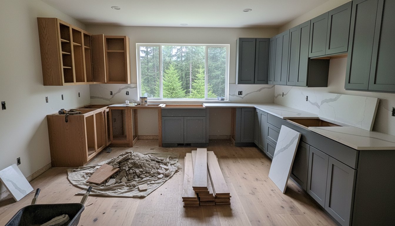 Modern kitchen renovation in progress, featuring gray cabinetry, unfinished wood floors, and a large window overlooking greenery, with construction materials including planks and debris on the floor.