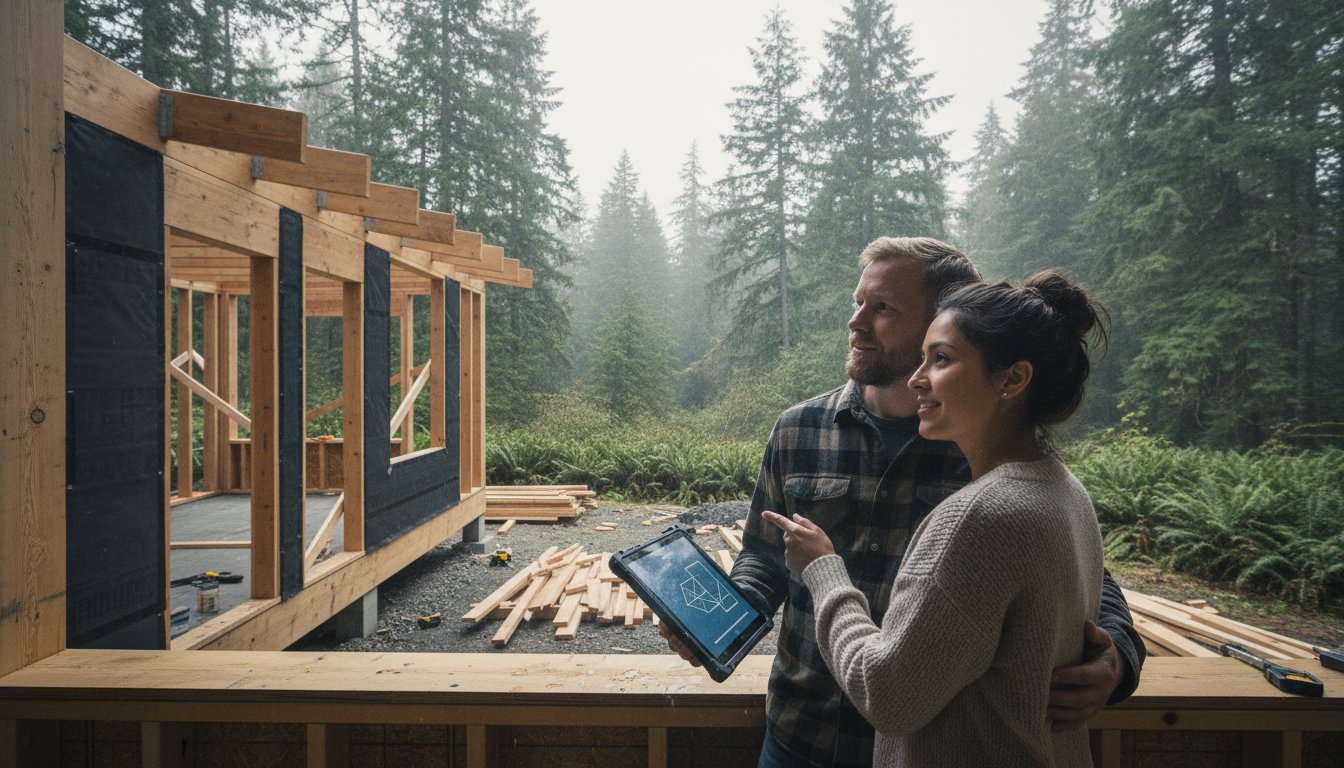 Couple reviewing home addition plans on a tablet, surrounded by a timber-framed construction site in a lush Pacific Northwest forest.