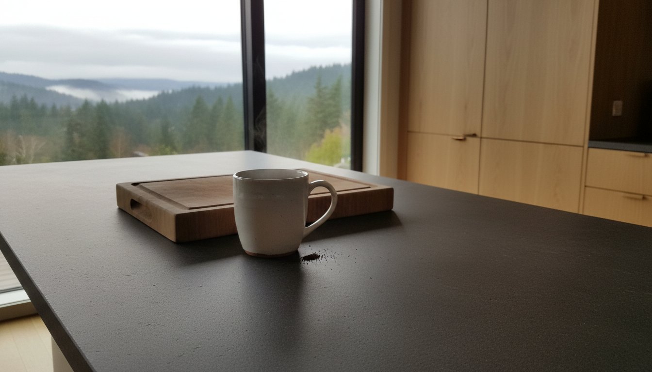 Coffee cup on dark countertop with wooden cutting board, overlooking misty forested hills, embodying serene home atmosphere for Bellingham kitchen remodel.