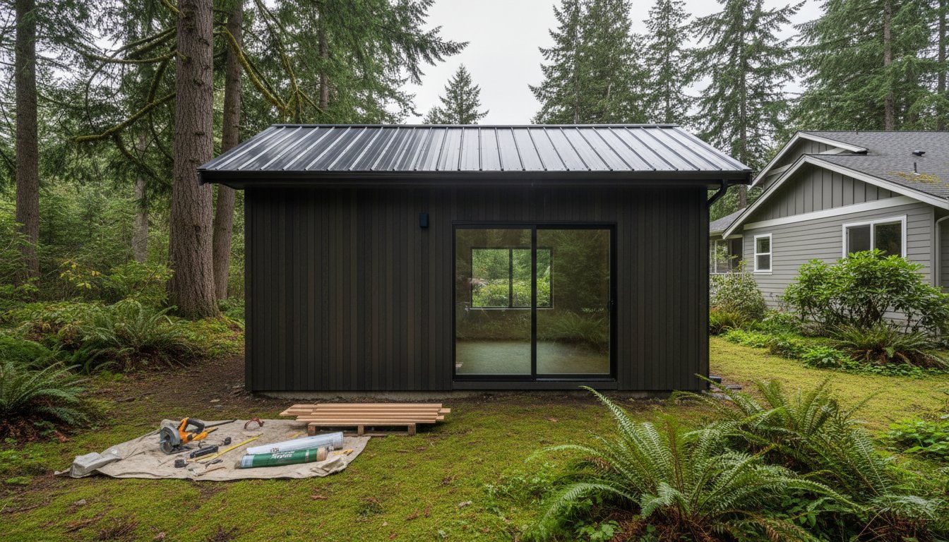 Custom-built outbuilding in Bellingham backyard, surrounded by greenery and moss, showcasing modern design with large window and black exterior.