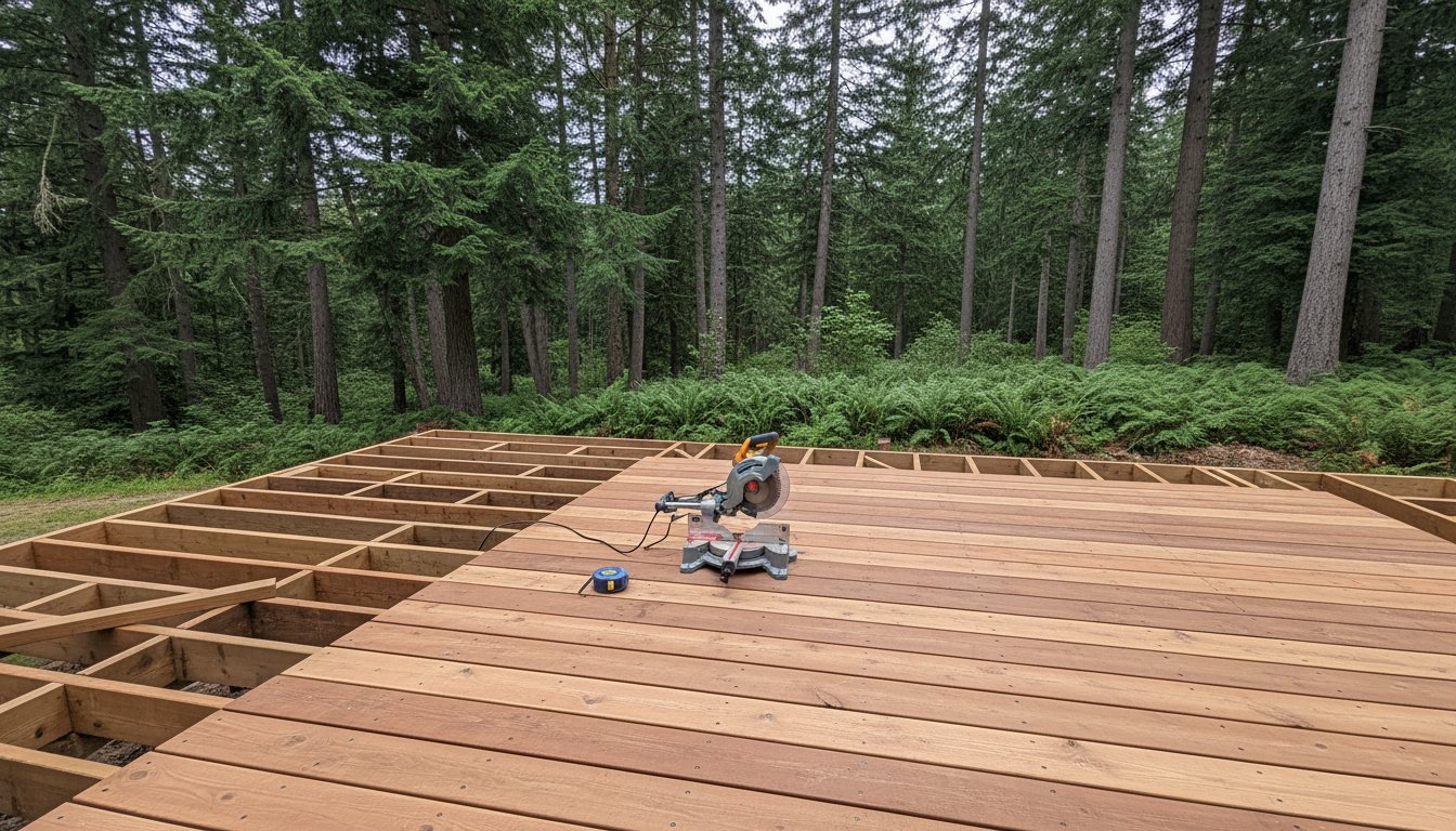 Construction site with a miter saw and wooden deck framing in a Pacific Northwest forest setting, emphasizing outdoor home improvement and remodeling.