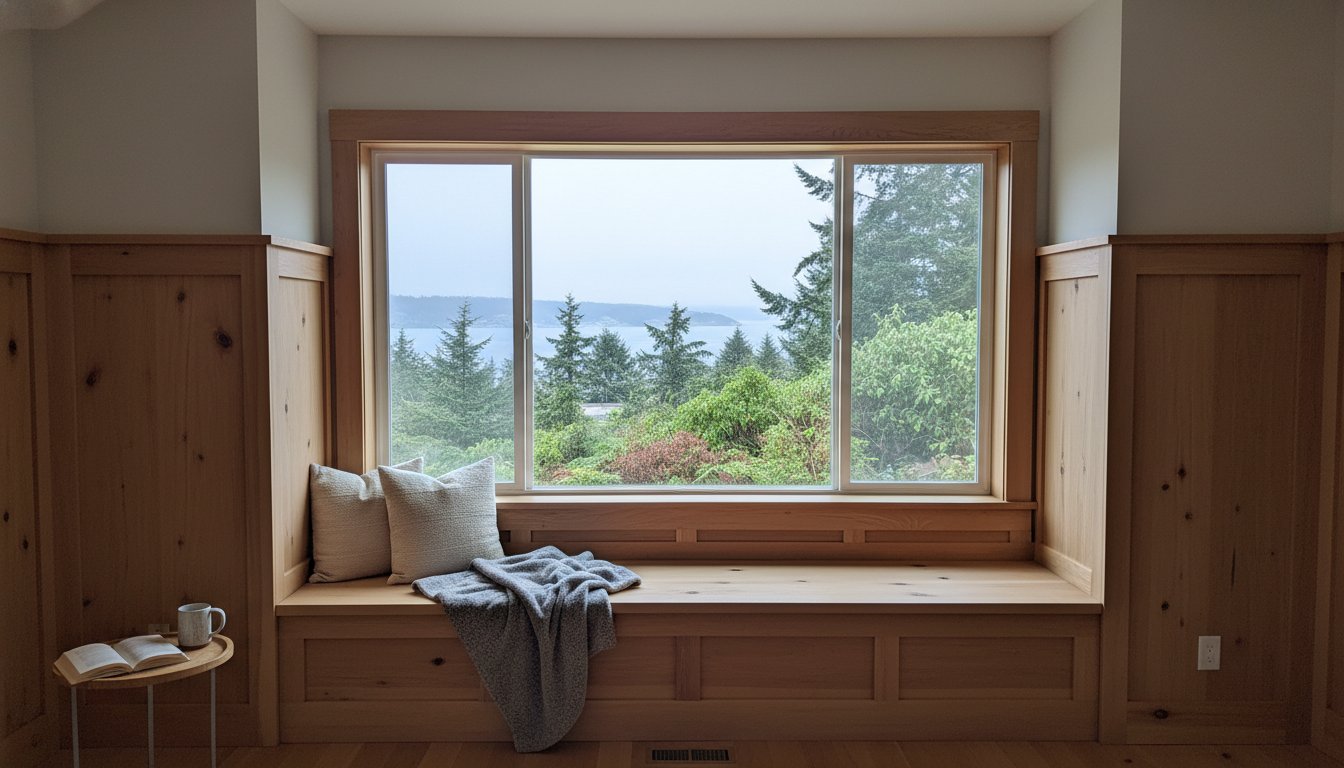 Cozy window seat with honey oak wood framing, plush pillows, and a soft throw blanket, overlooking lush greenery and a serene view in Bellingham, Washington.