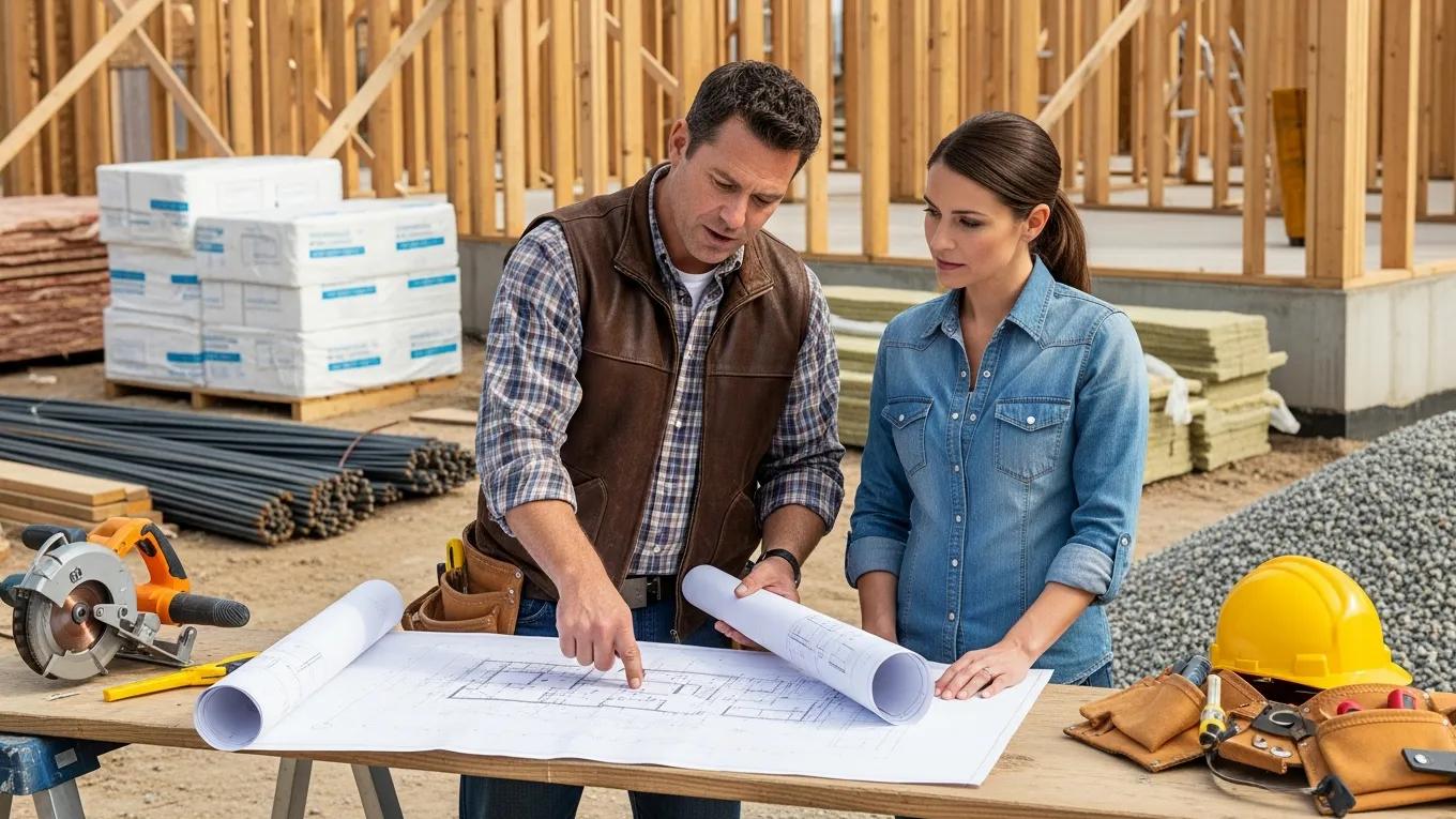 Builder consulting with homeowner on construction plans at a site
