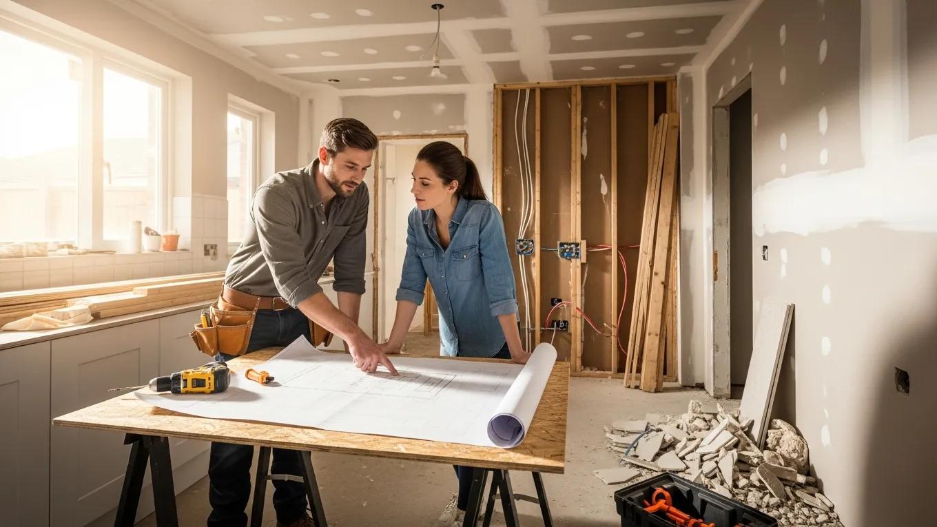 Contractor and homeowner discussing remodeling plans in a partially renovated kitchen