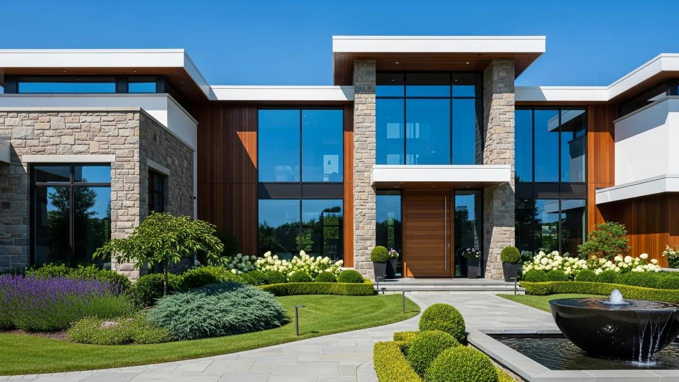 Custom luxury home exterior with modern architecture and landscaped garden