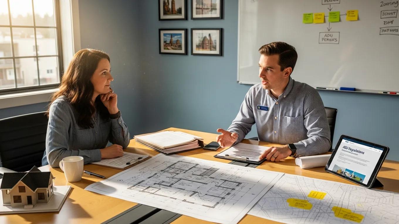 Homeowner consulting with city official about ADU permit application process in Bellingham