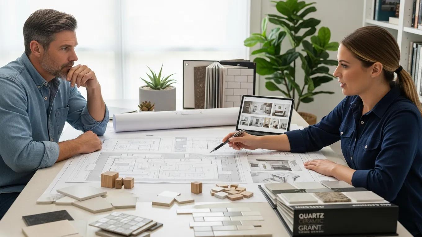 Homeowner consulting with contractor for bathroom remodeling project