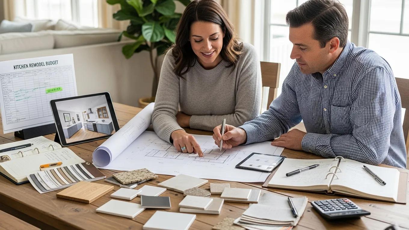 Homeowner discussing kitchen remodel plans with contractor, emphasizing planning and budgeting