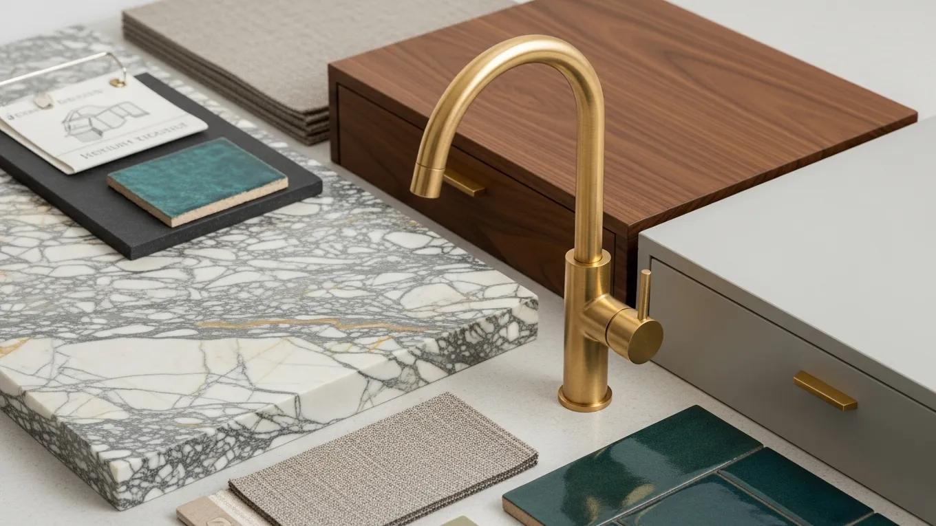 Luxury kitchen materials including stone countertops and custom cabinetry