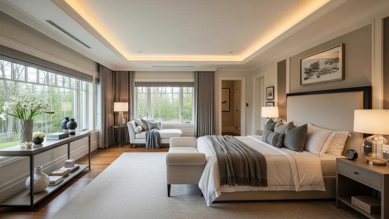 Luxury master suite with elegant furnishings and natural light