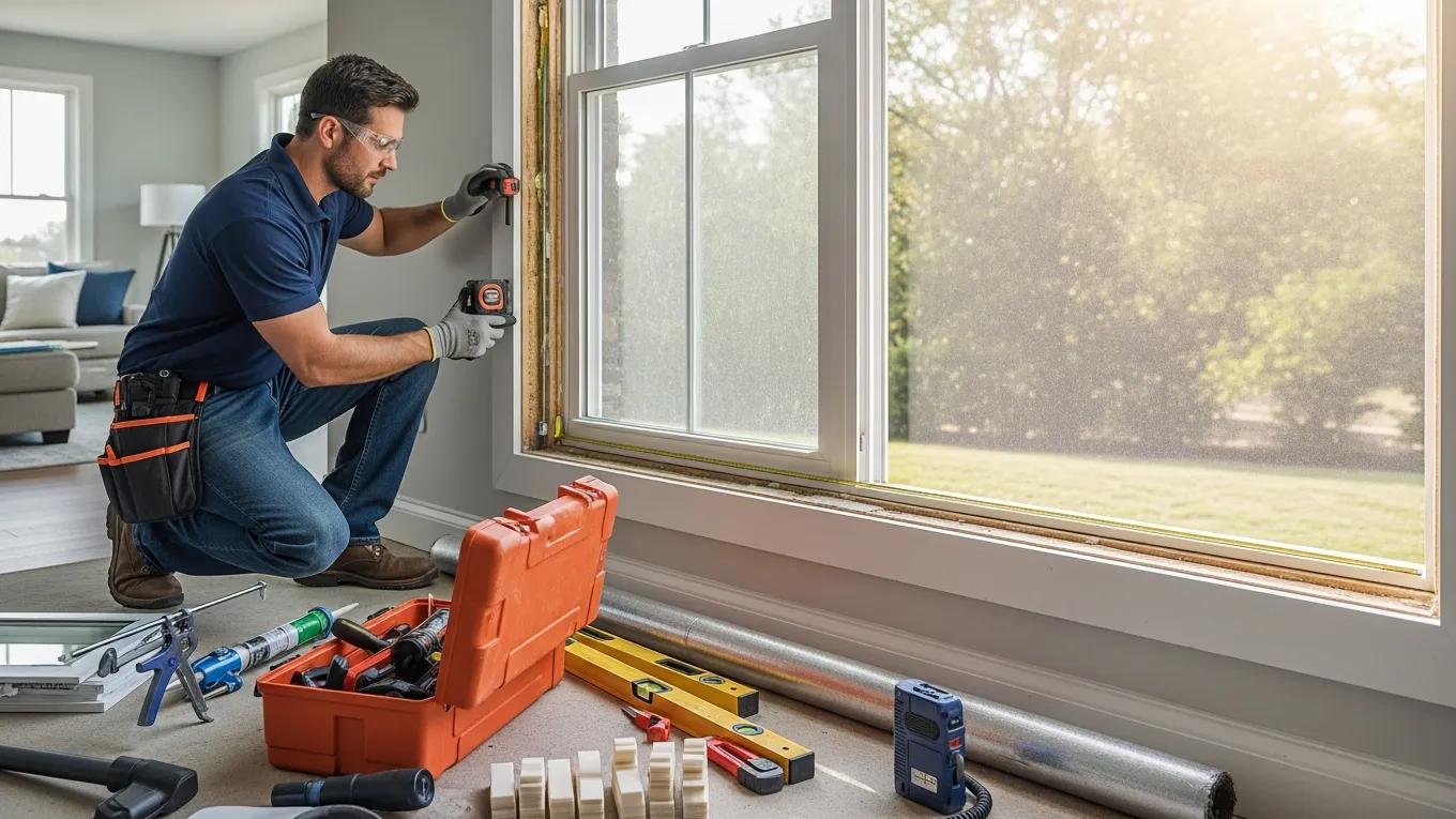 Professional installer measuring energy-efficient windows during the custom installation process