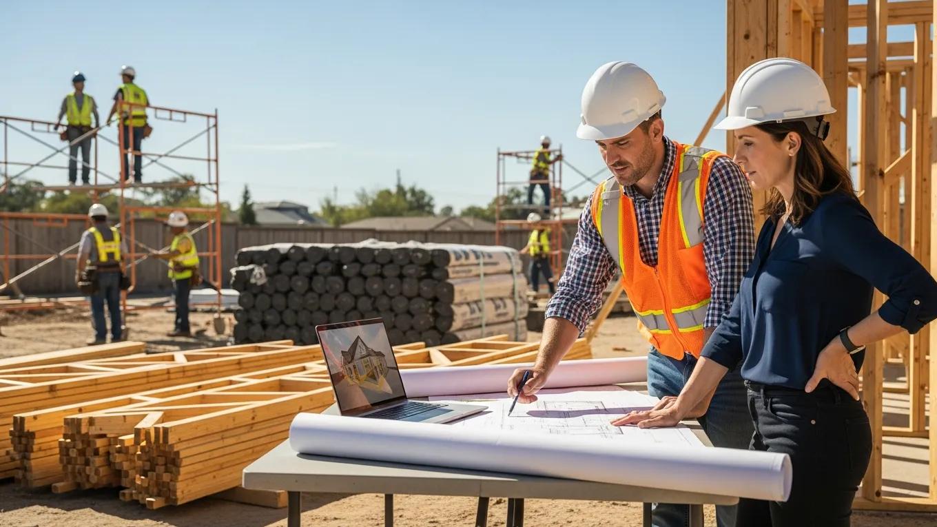 Project manager discussing roofing plans with a homeowner at a construction site