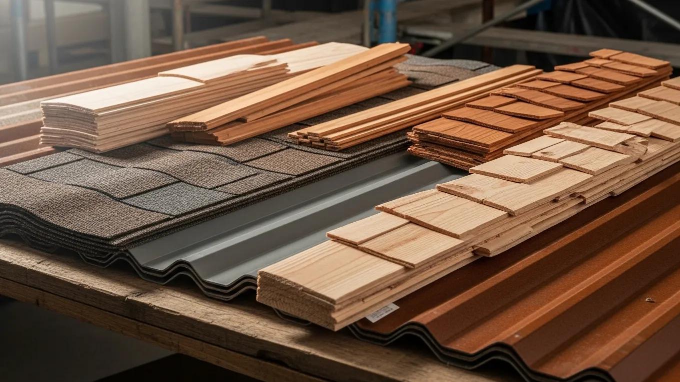 Variety of roofing materials including asphalt shingles, metal sheets, and cedar shakes