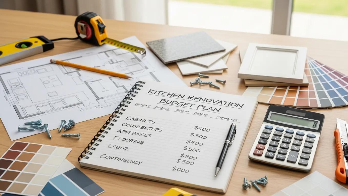 Workspace with tools and materials for kitchen renovation budgeting