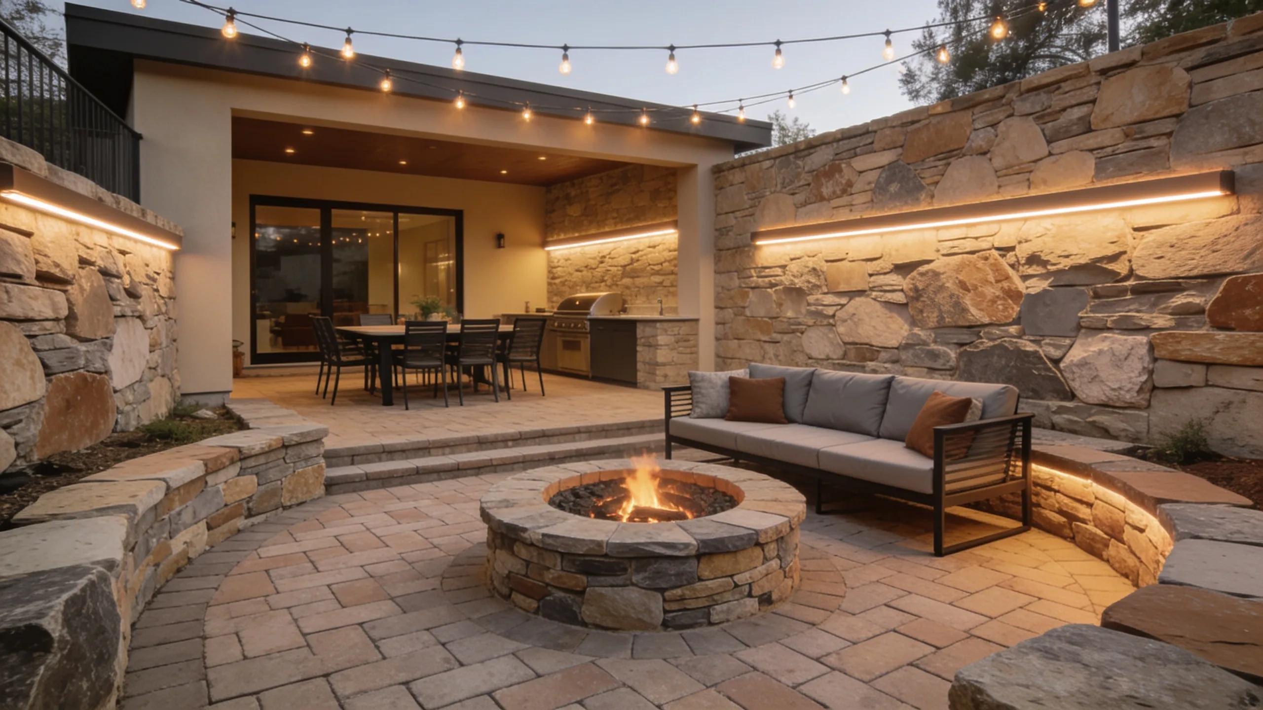 Stylish patio with hardscaping elements: pavers, seating, and landscape accents