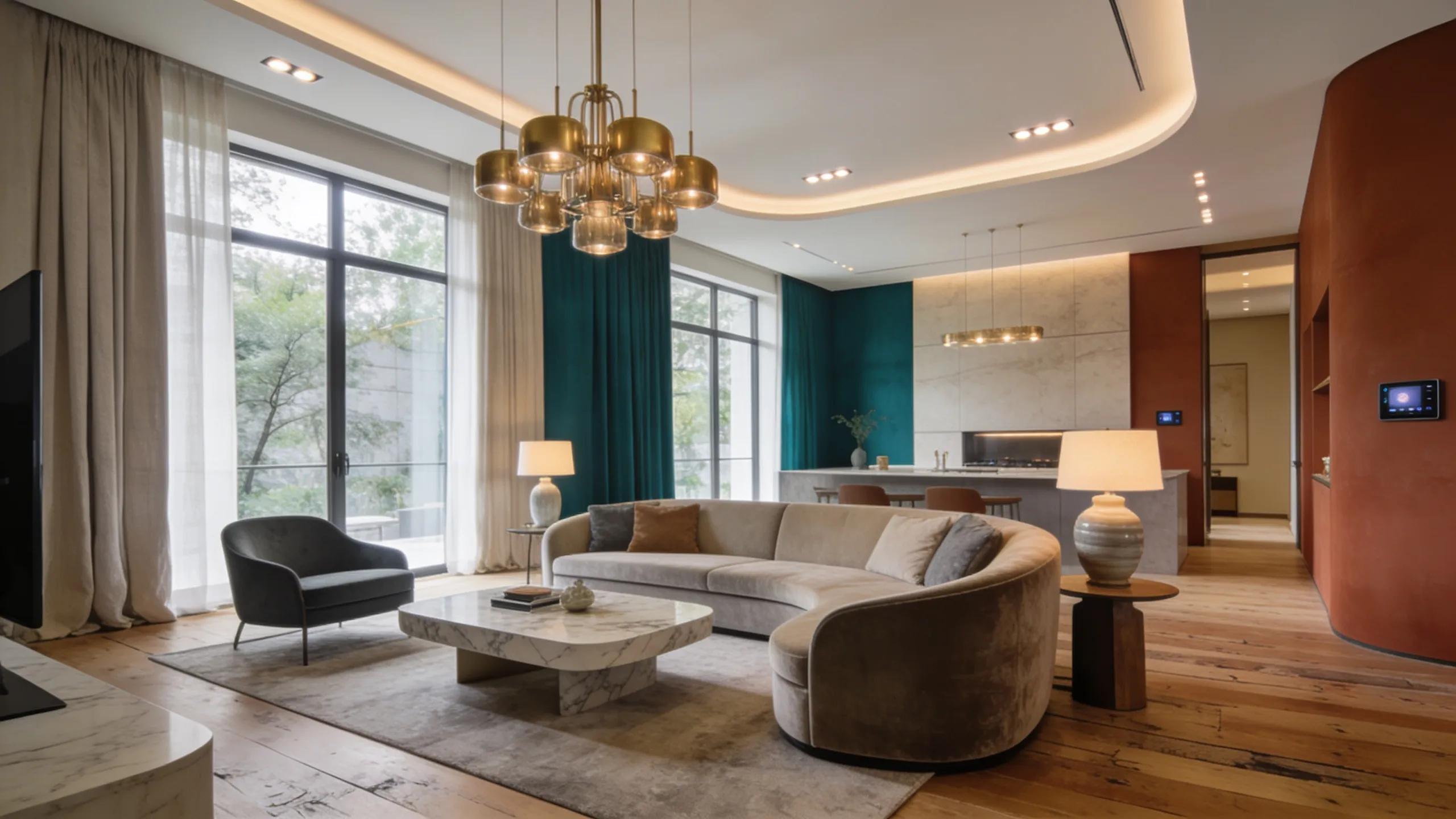 Elegant living room showcasing luxury interior design trends with sustainable materials and mixed textures