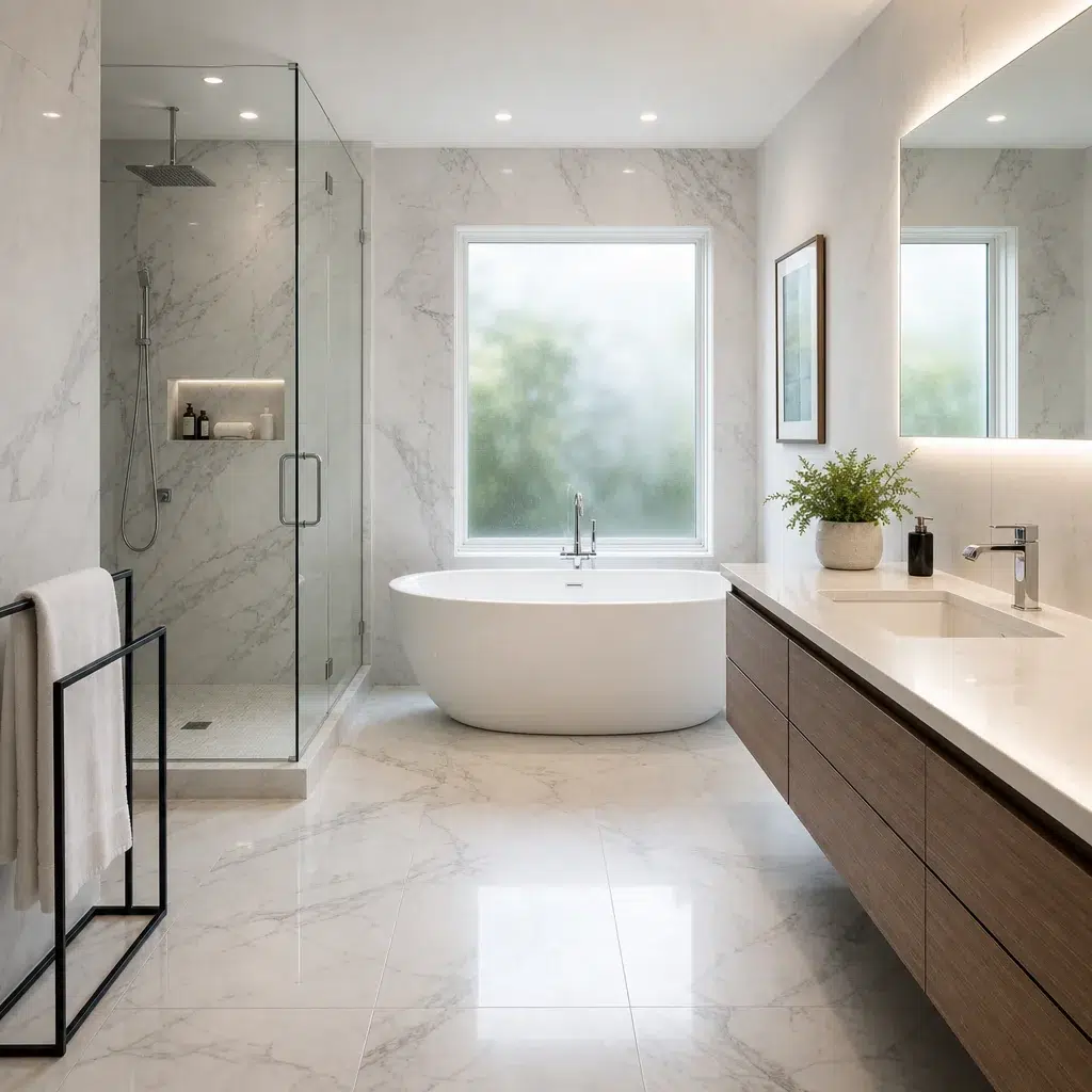 Luxury bathroom remodel with stone tile