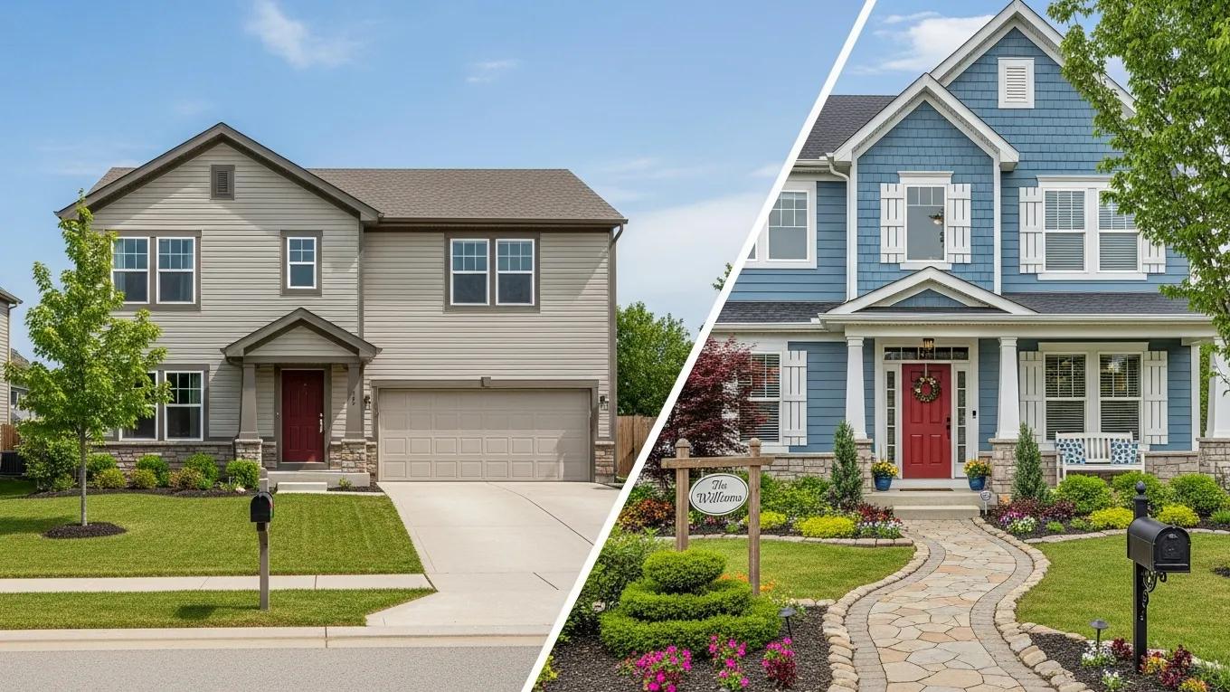 Comparison of spec home with standard finishes and semi-custom home with personalized design elements