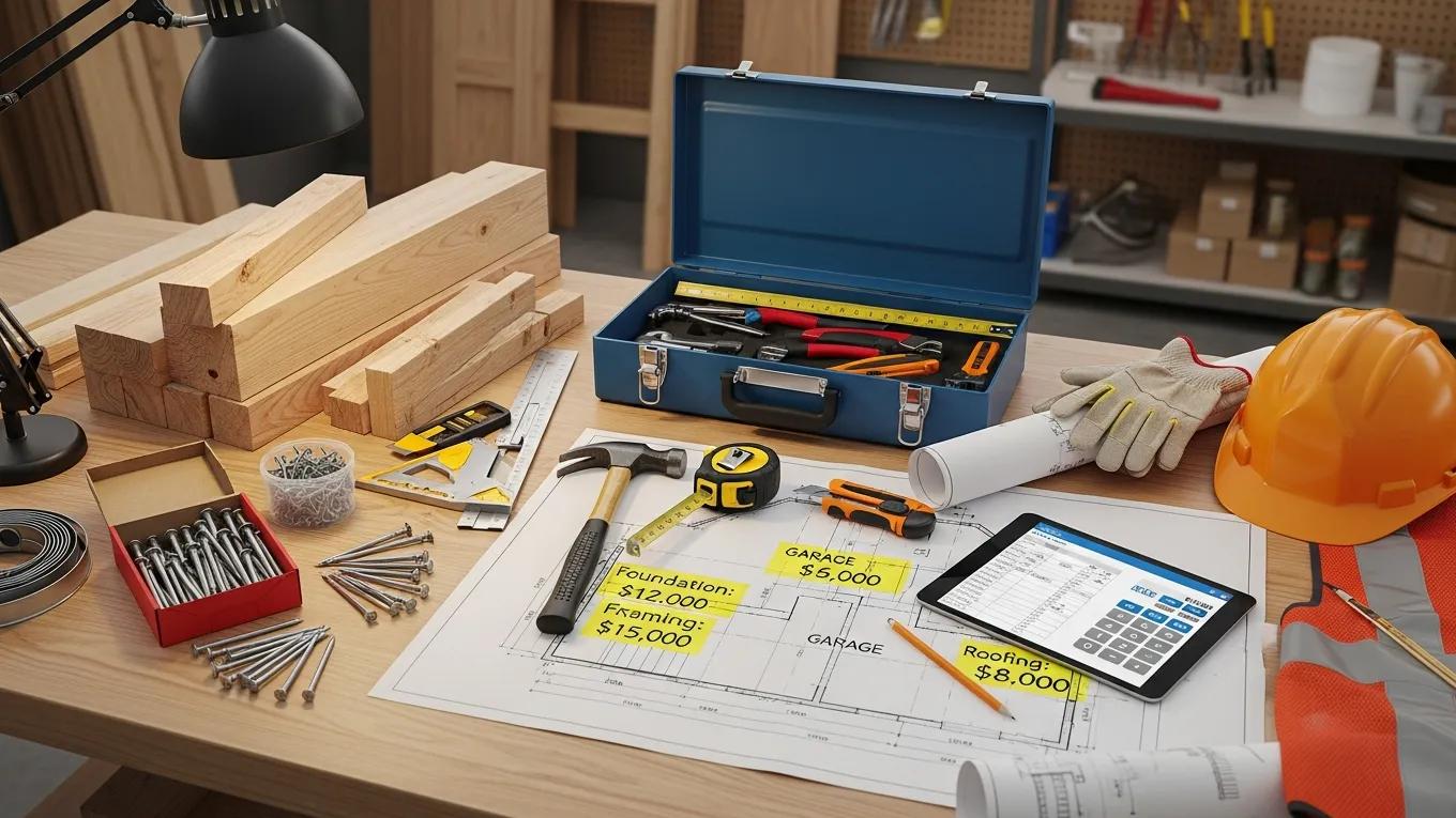 Construction materials and tools representing costs for garage builds and ADUs