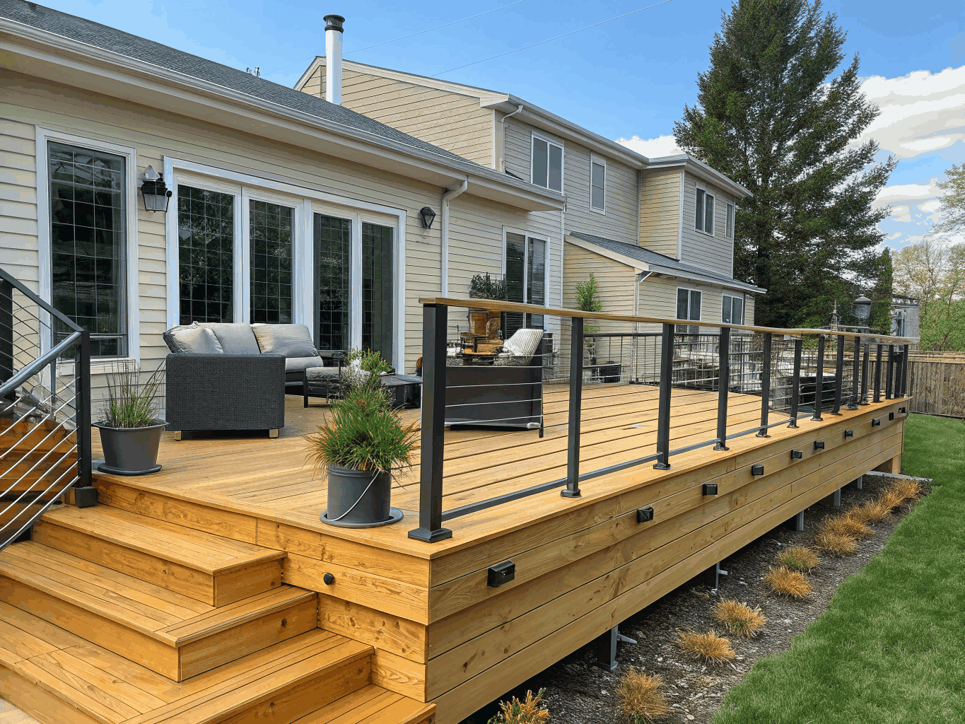 Custom cedar deck with integrated seating