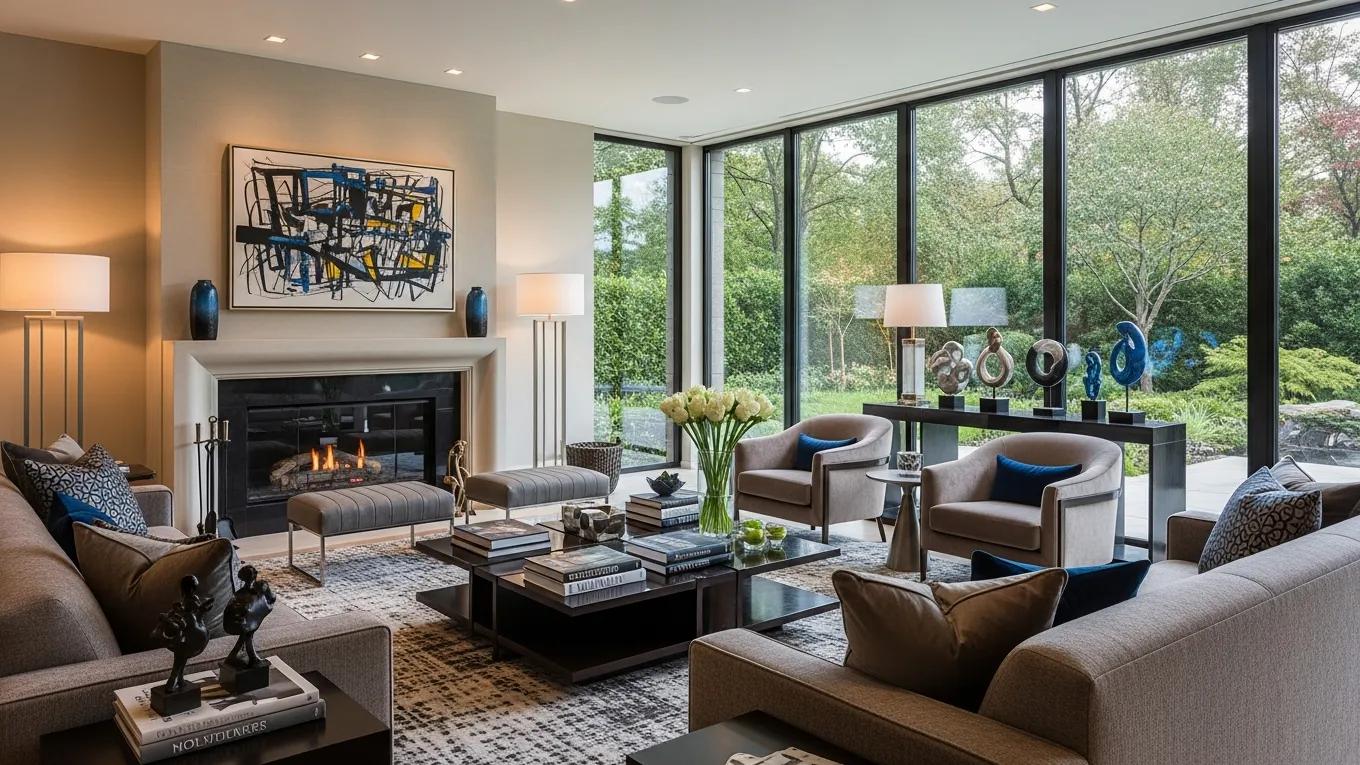 Elegant interior of a custom-crafted home with modern living room design and stylish decor