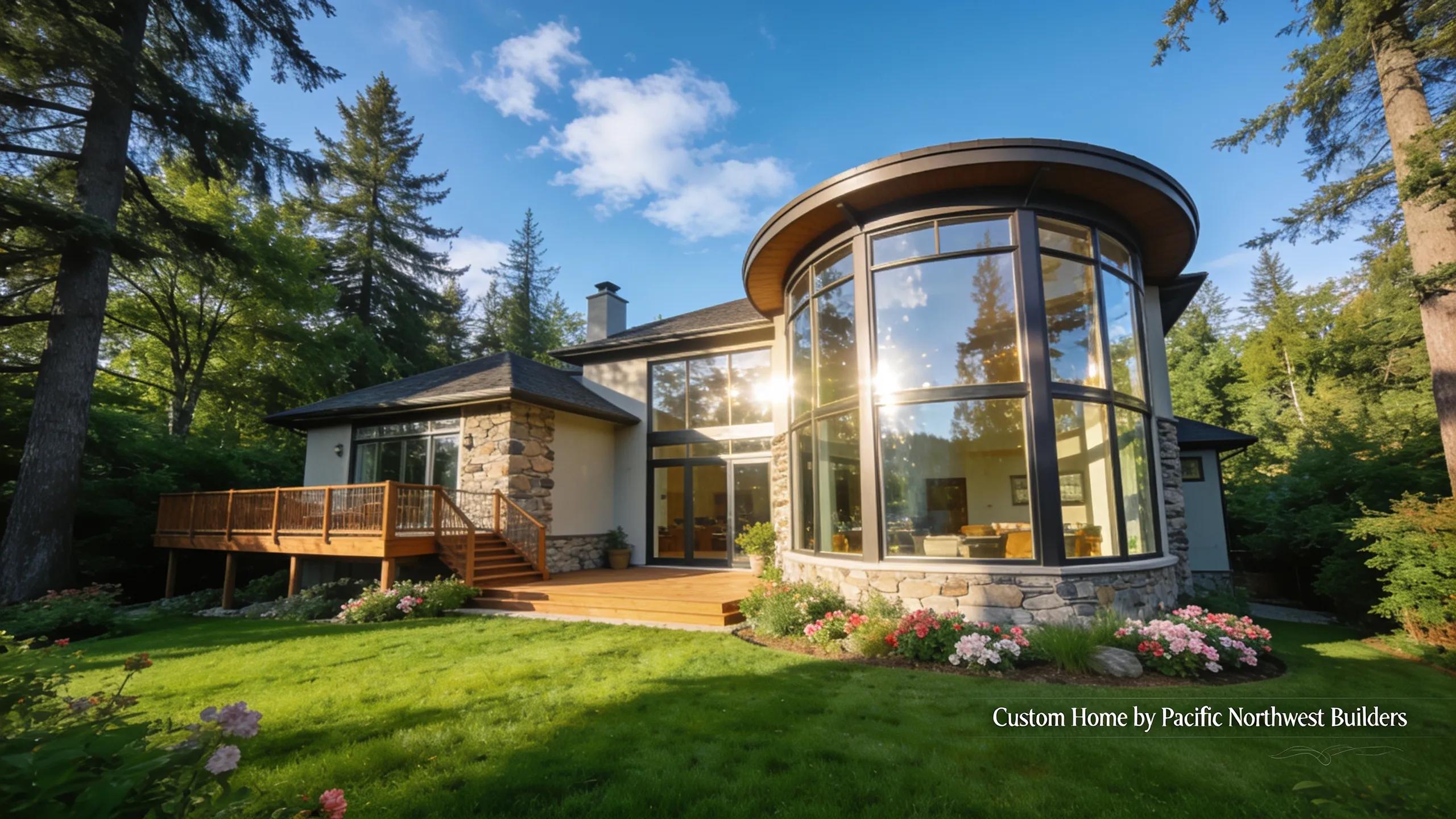 Luxurious custom home in Whatcom County surrounded by lush greenery and a clear blue sky
