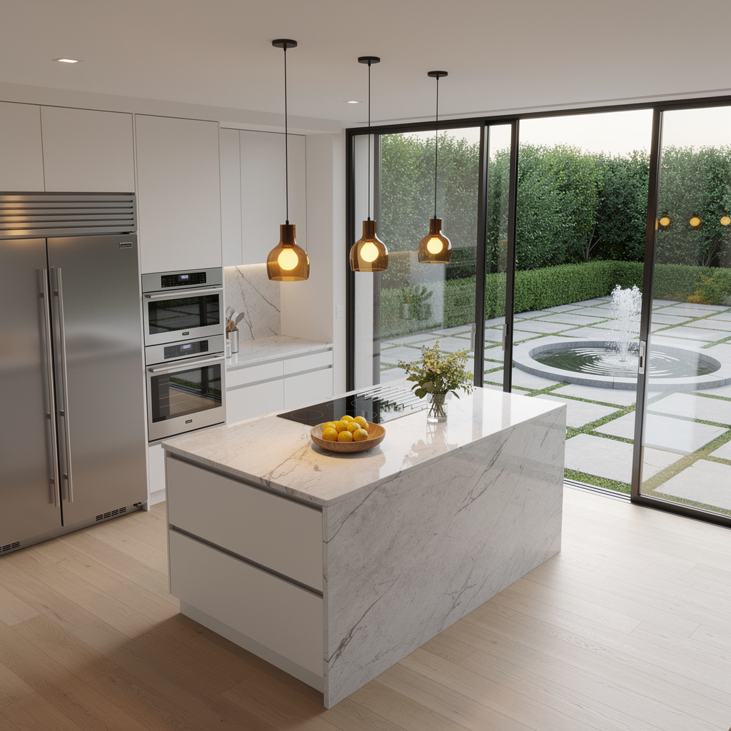 Custom kitchen remodel with marble countertops and cabinetry