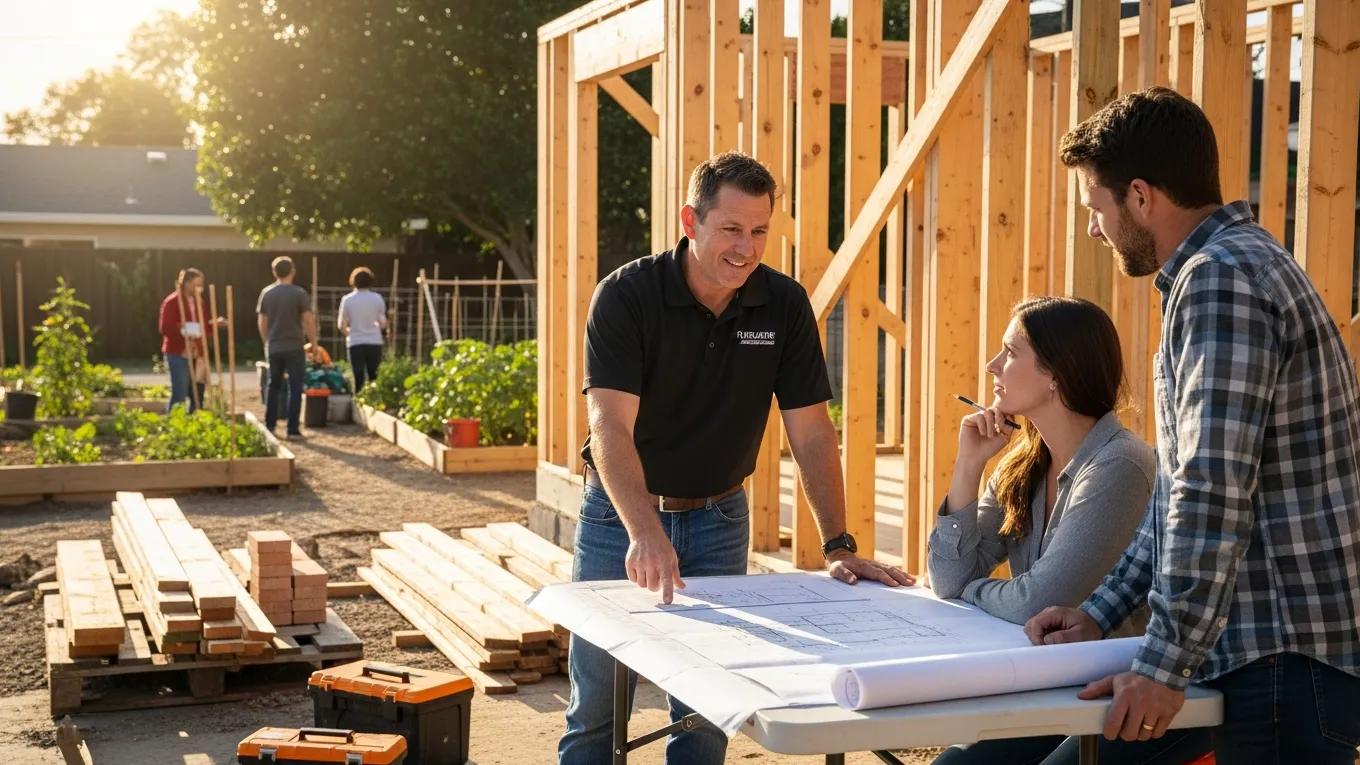 Local contractor consulting with homeowners at an ADU construction site