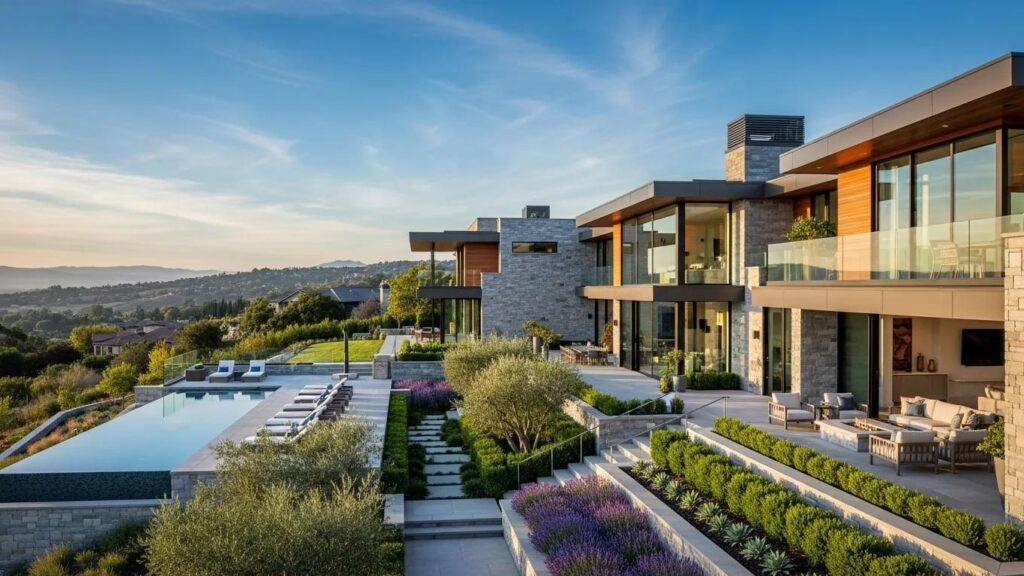 Luxury residential lot with a modern home and beautiful landscaping