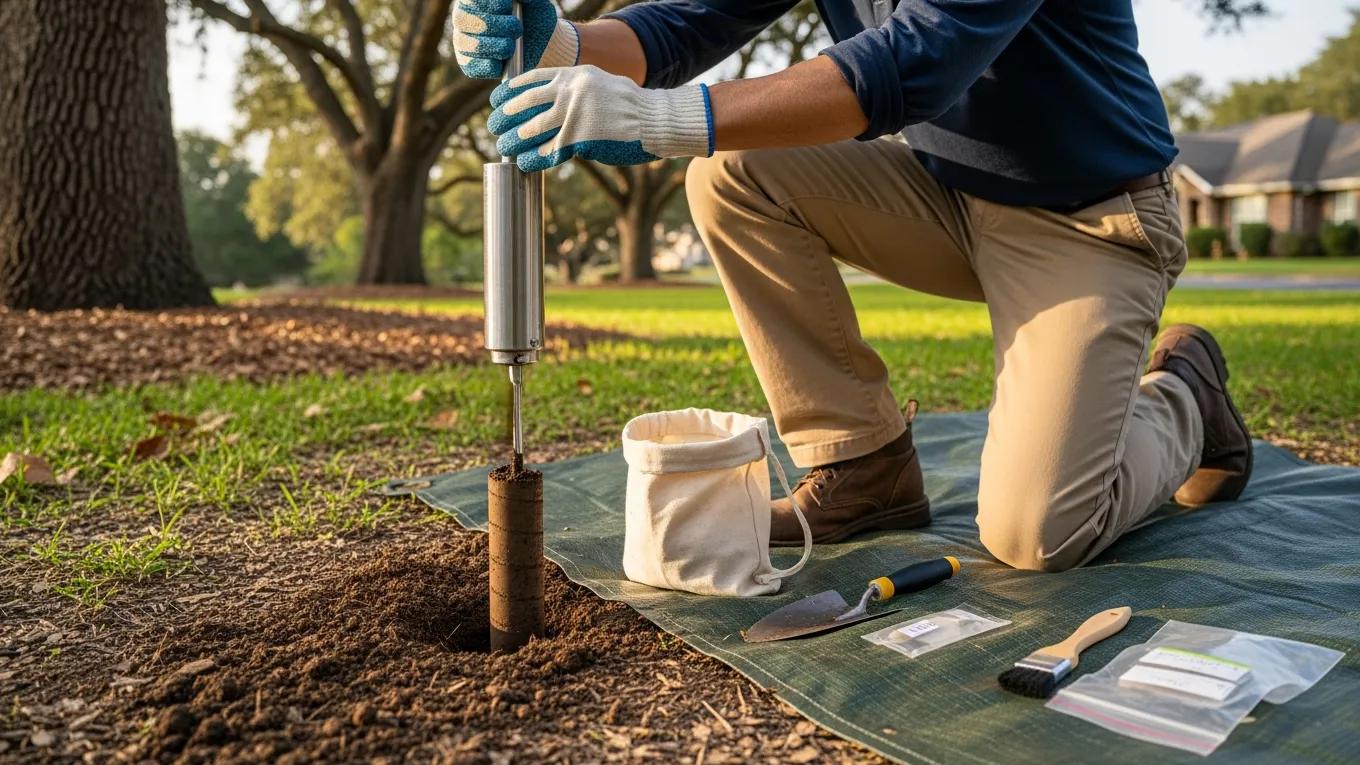 Professional conducting soil testing on a residential lot