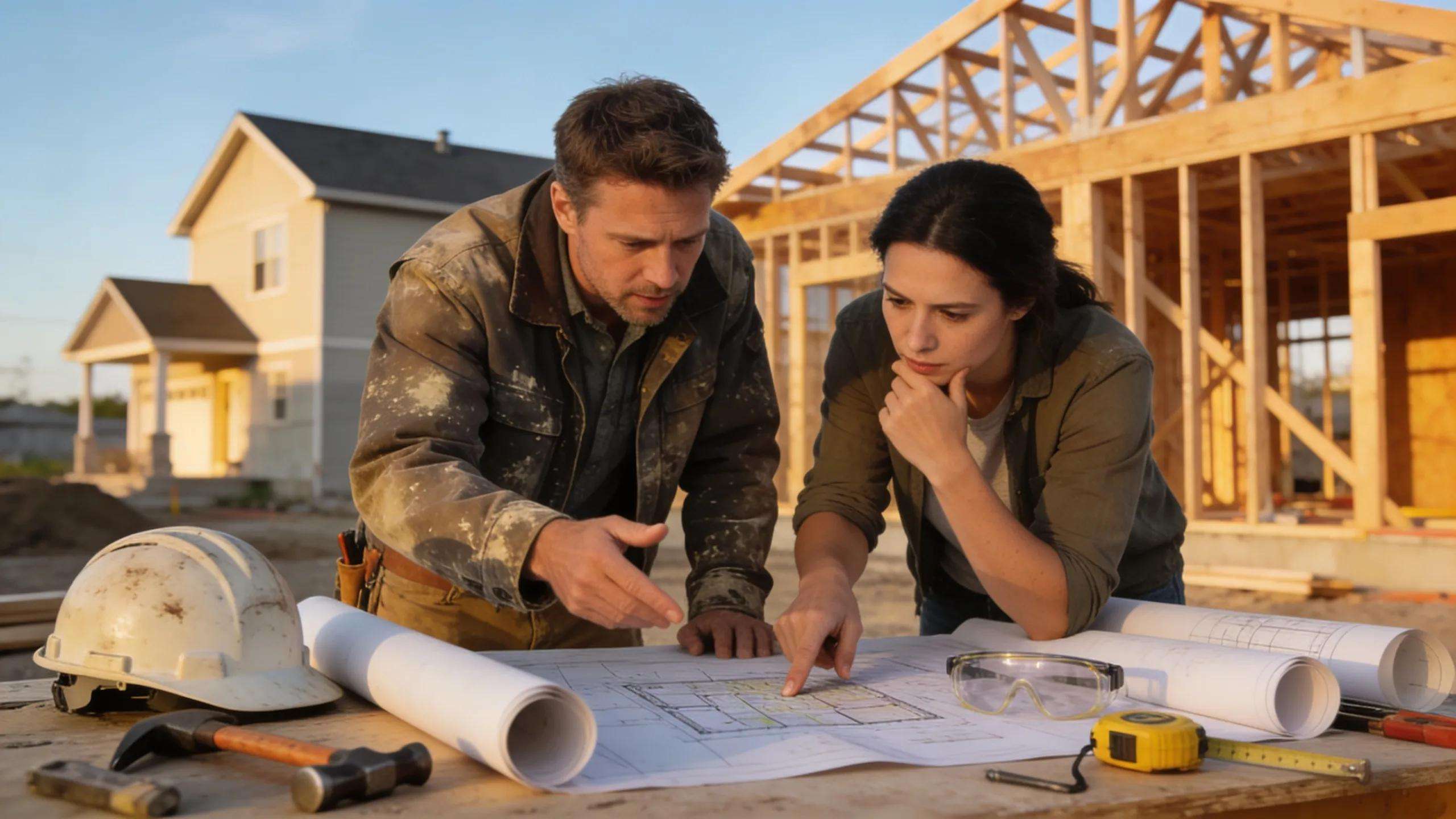 Builder and client collaborating on bespoke home construction plans