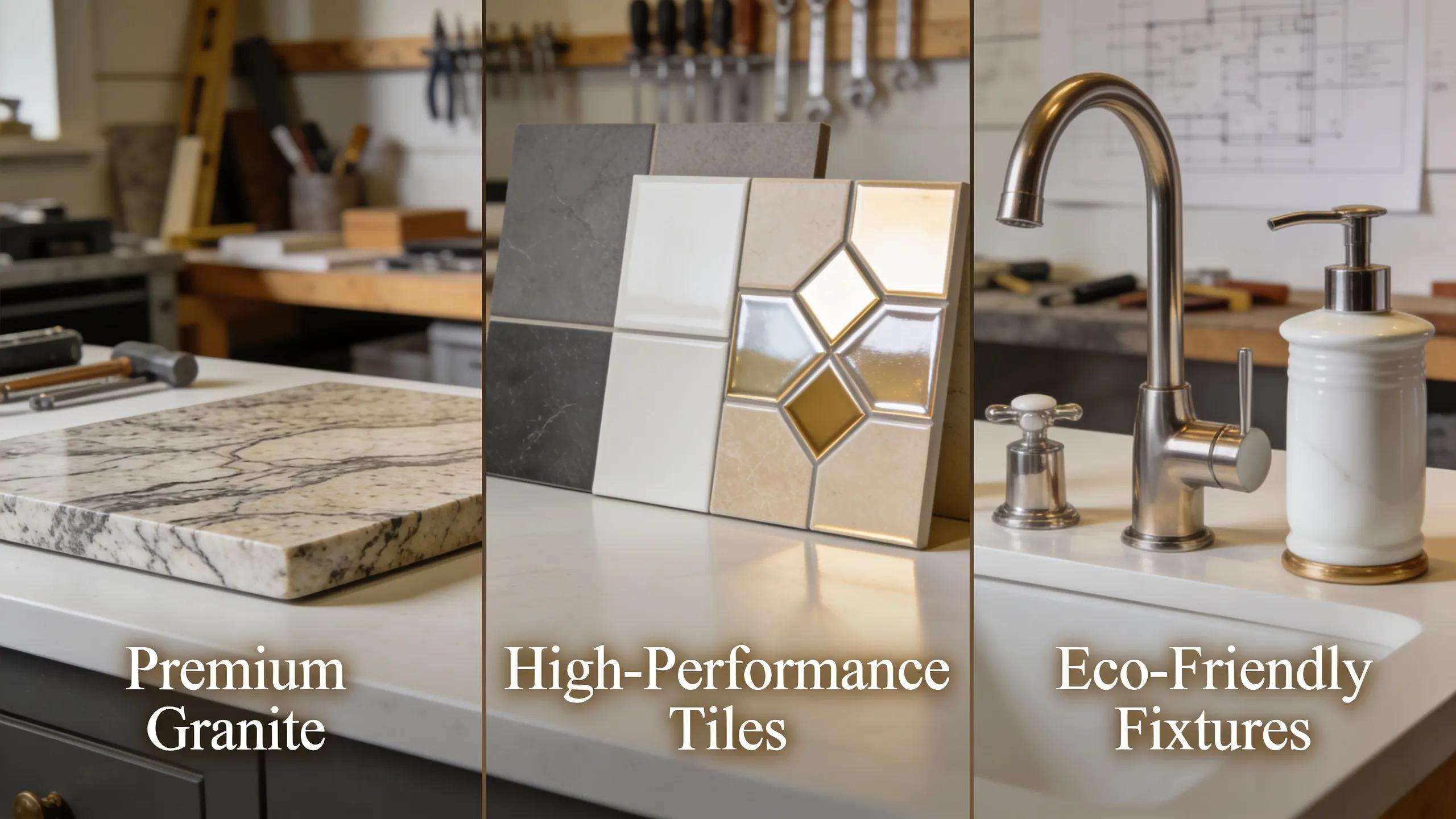 Luxury bathroom materials showcasing granite countertops and eco-friendly options
