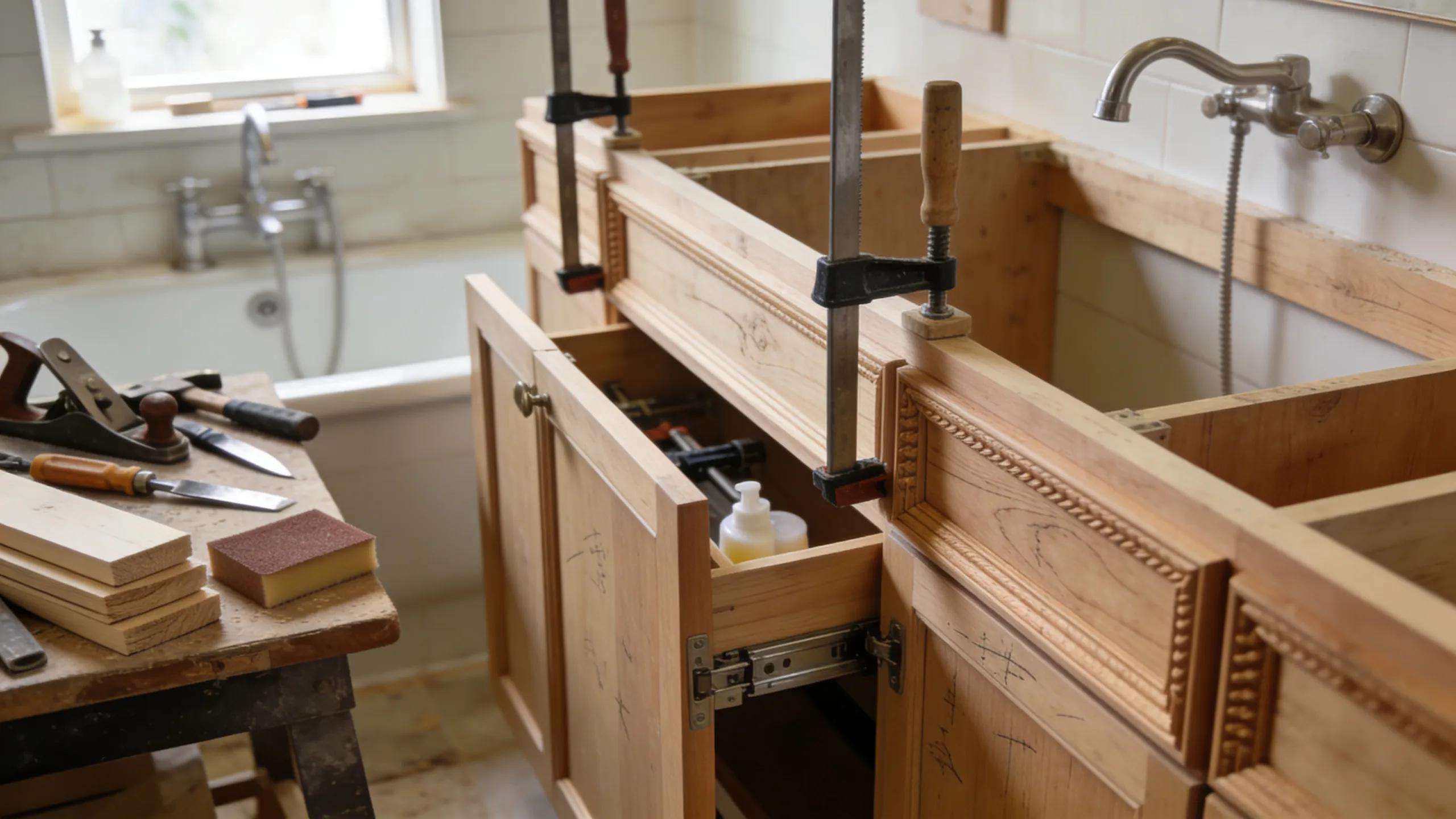 Bespoke cabinetry installation showcasing artisanal craftsmanship and attention to detail in a custom bathroom